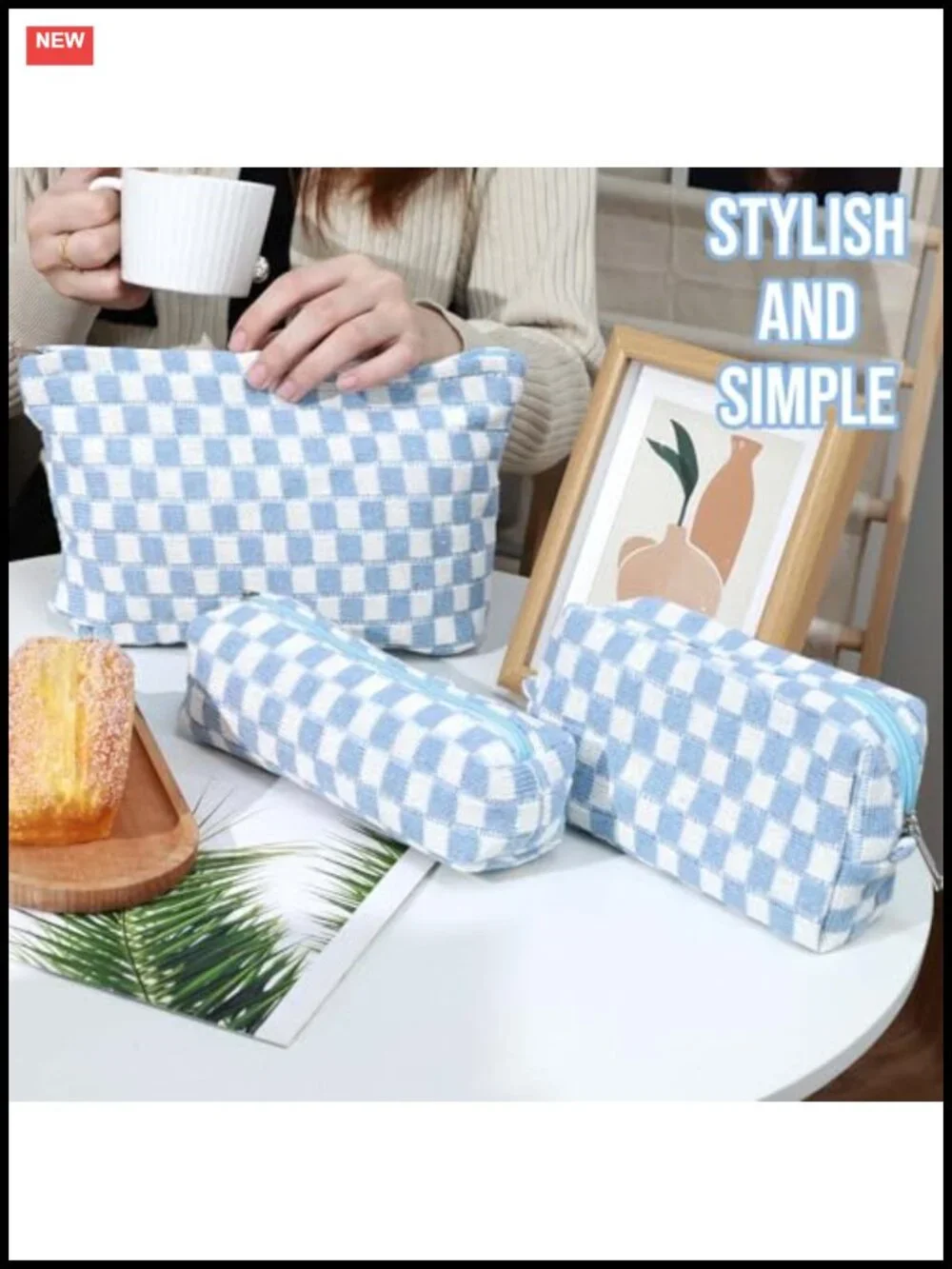 Checkered Canvas Makeup Bag Set of 3 Travel Toiletry Organizer Pouch for Women
